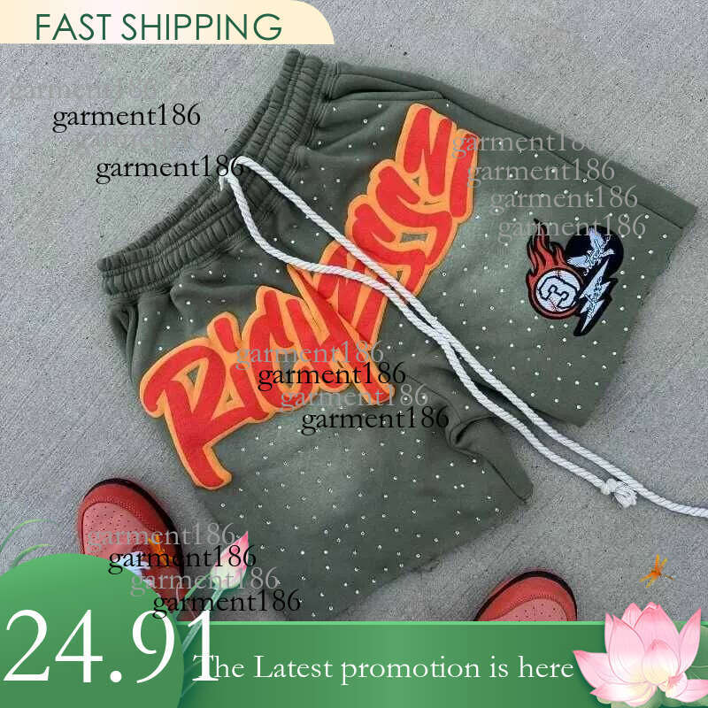 Y2K Harajuku mens shorts with rhinestone letter printed cotton sweater fashionable new hip-hop basketball street loose casual shorts X25 7a4