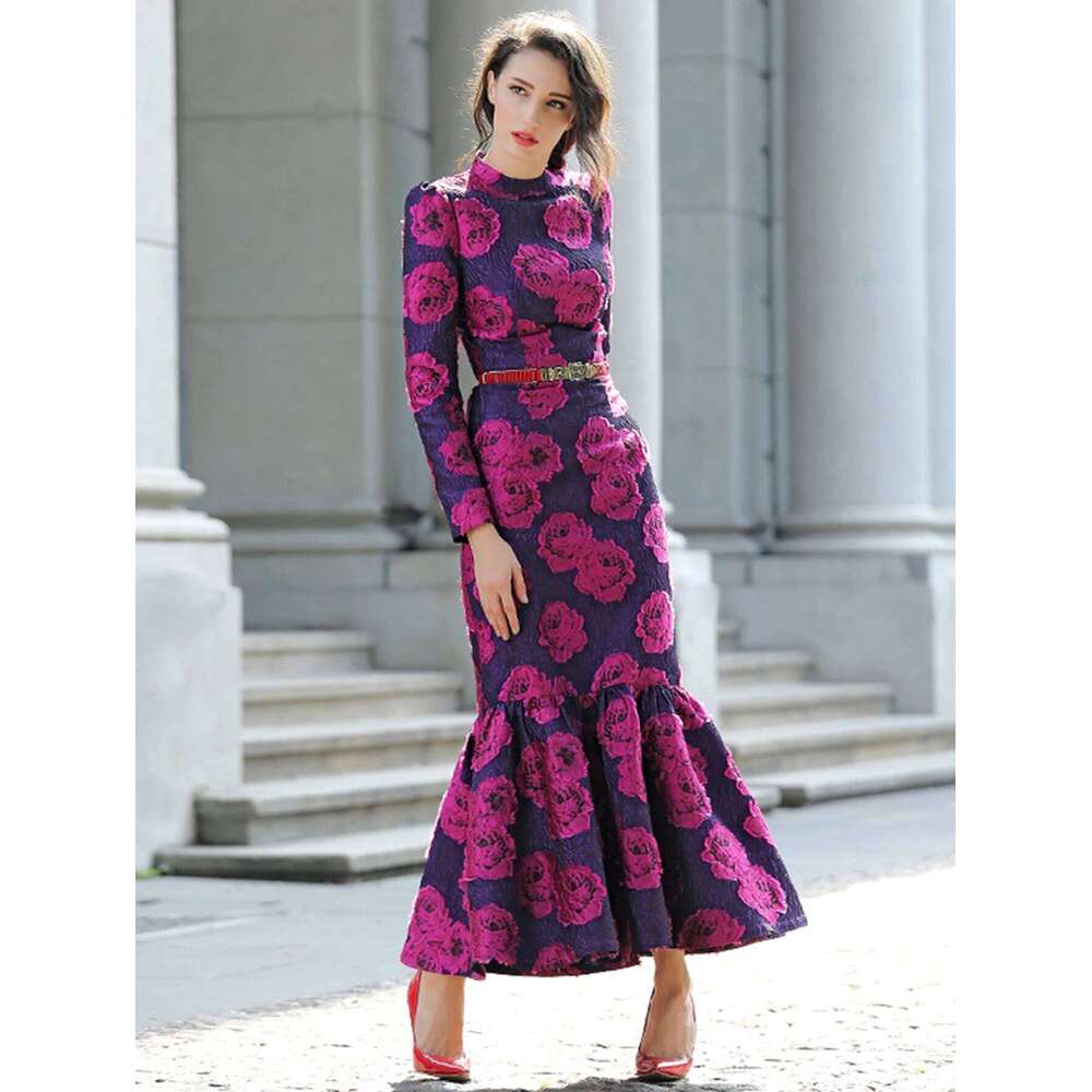 Elegant Brocade Women Maxi Mermaid Dress Long Vintage Flowers Slim Clothing Stand Collar Party Dresses Robe Femme Vestido