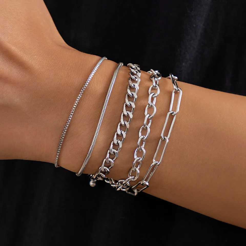 5 Pcs Fashion Simple Cuban Chain Bracelet Sets for Men Women Punk Vintage Metal Bracelet In Stock for Couples Unisex Jewelry Gifts XJ250707