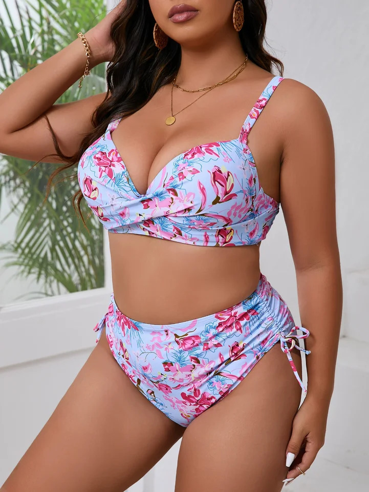 Women Plus Size Two Piece Swimsuit Bikini Sets 2025 Swimwear Floral Print Bathing Suit Drawstring In Matching 250530