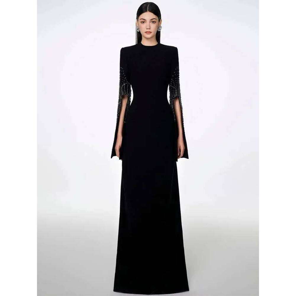 HIGH STREET Newest Fashion 2025 Designer Party Vestido Women's Dias Beaded Slit Sleeve Long Maxi Dress