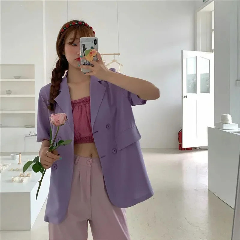 SMVP Womens Summer Shortsleeved Jacket Casual Allmatch Loose Doublebreasted Blazers Coat Woman Korean Chic White Blazer 250610