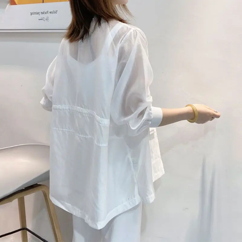 Plus Size Waist Tie Vneck Black Blazer Women Summer Cardigan Sunscreen White Jacket Korean Fashion Casual Pocket Outerwear 250610