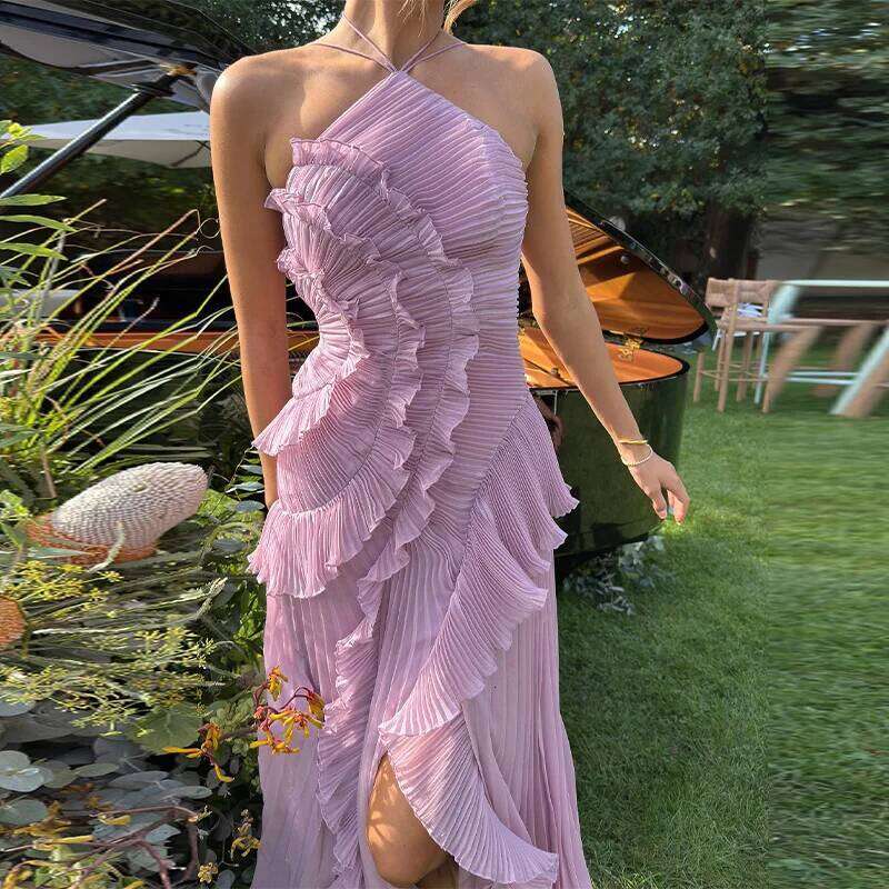Chic Pleated Halter Neck Long Vacation Dress High Quality Purple Strapless Lotus Edge Maxi Dress 2025 Nw Lady Vacation Gowns