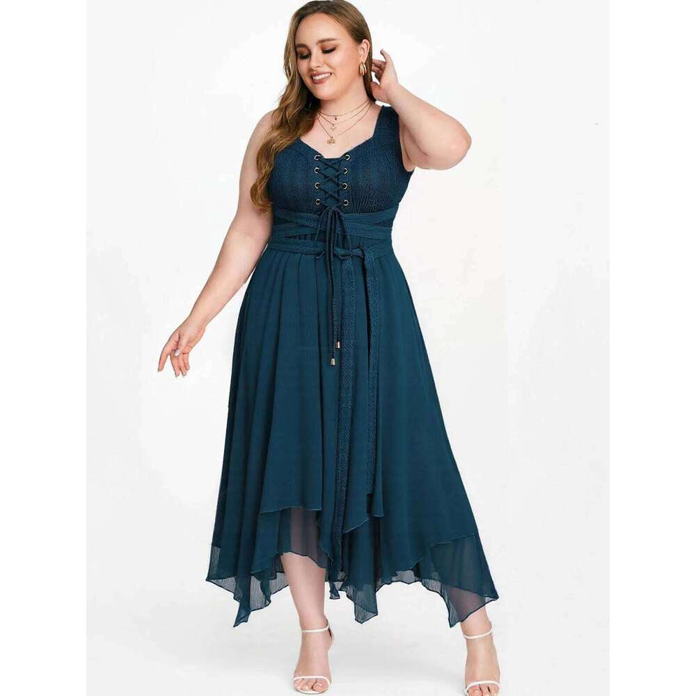 ROSEGALPlus Size Grommets Lace Up Textured Patchwork Ruffles Asymmetrical Dress With Belt