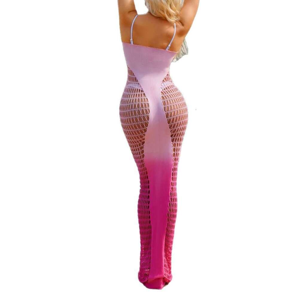 Spell Lingerie Porn Suits Sexy Gradient Pink Fishnet Bodysuit Nightdress Bodycon Dress Passionate Sheer Backless Hollow Out Mesh Top Sexy Lingerie