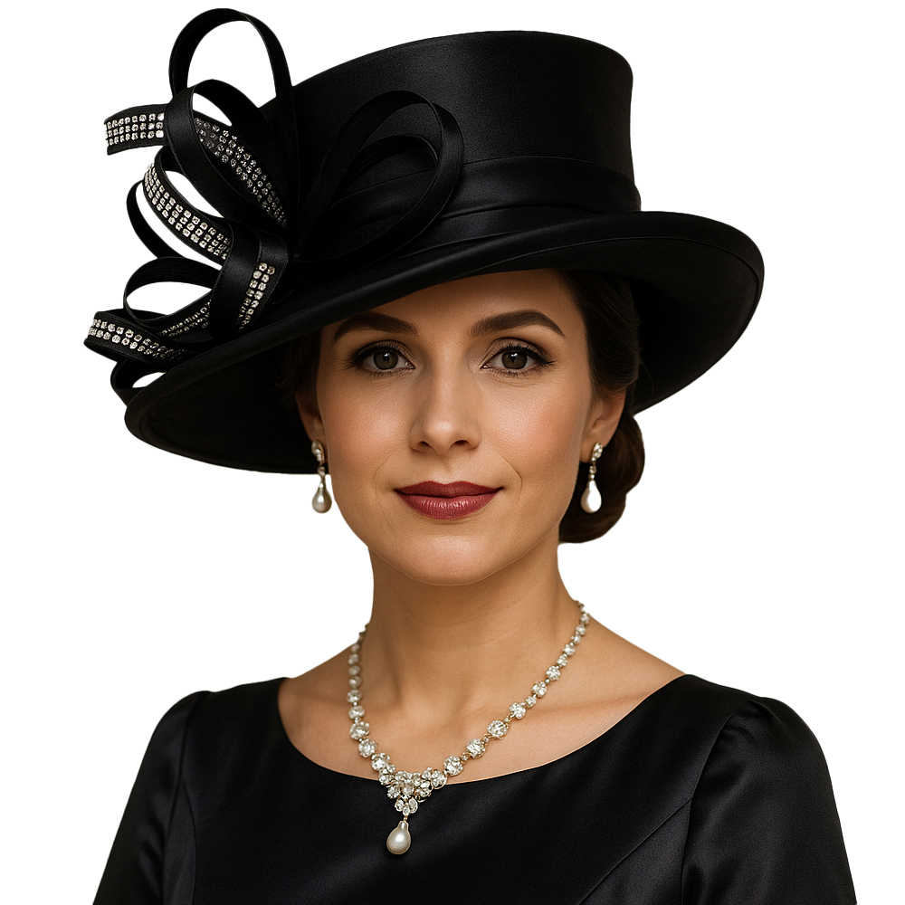 Elegant Royal Blue Church Hat for Women Wide Brim Formal Derby Tea Party Hat with Ribbon and Rhinestone Decoration