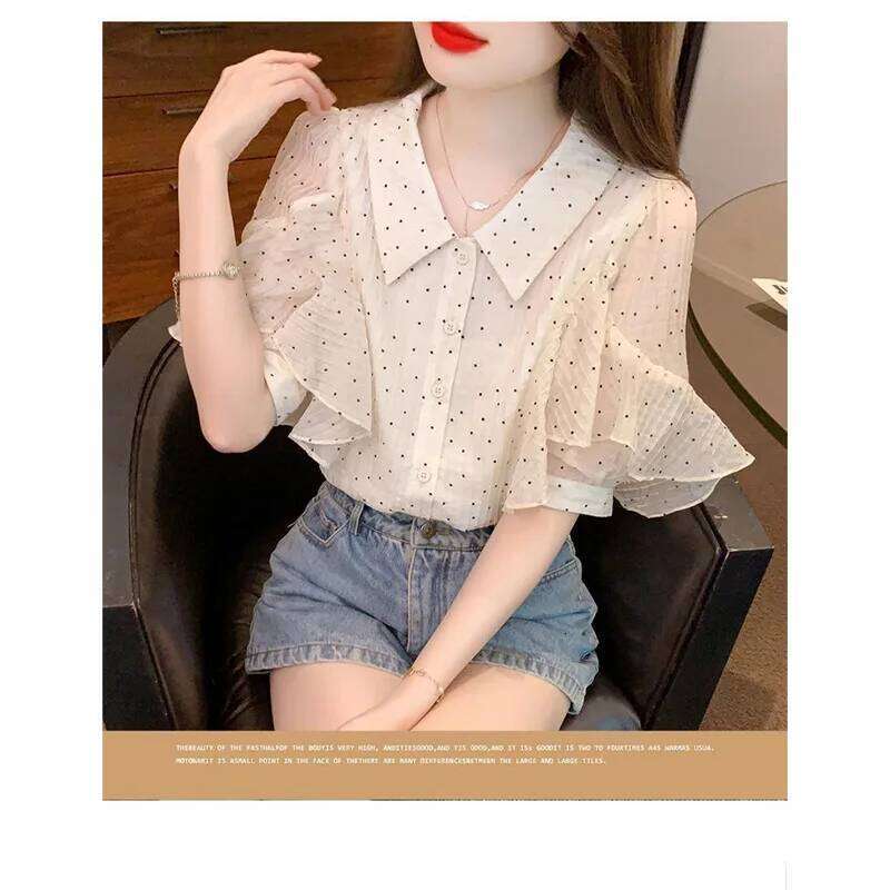 Clothing Summer Korean Fashion Button Polka Dot Chiffon Polo Collar Women Shirts All-match Appear Thin Short Sleeve Top Te