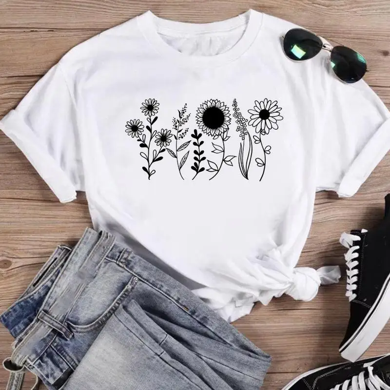 Print Fashion Watercolor Spring Flower Designer T-shirts Women Cartoon Short Sleeve Graphic Tops Summer 100% Cotton O-neck Female Clothing 2025 New