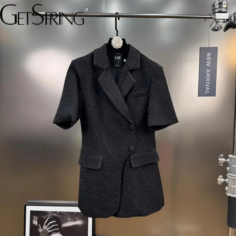 GetSpring Women Blazer Autumn Single Breasted Short Sleeve Diamonds Ladies Black Coat Fashion Womens Suit Jacket 250610