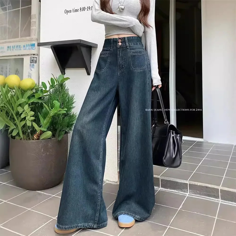 Plus Size Deep Blue High Waist Denim Jeans Trendy Spring Autumn Loose Slimming FloorLength Straight Casual Pants for Women 250609