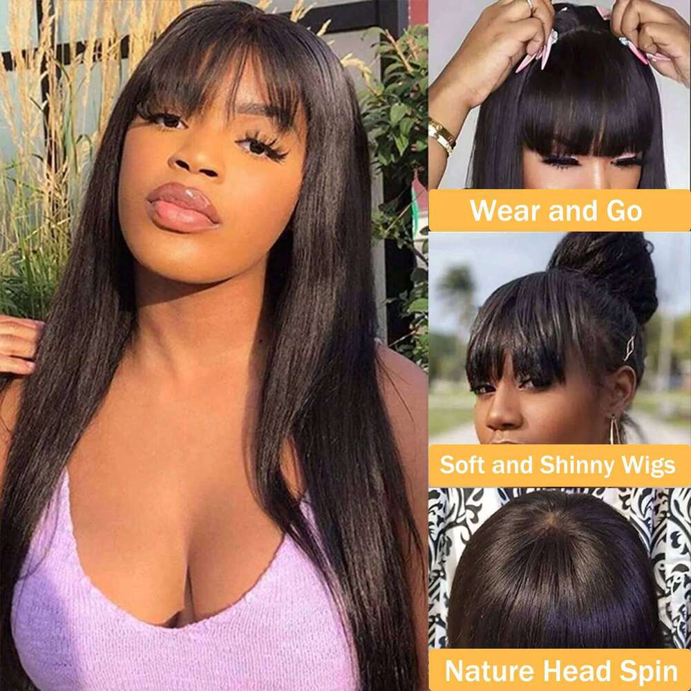Bone Straight Human Hair Full hine Made With Bangs 30 Inch High Density Black Wig Glueless Brazilian Wigs On Sale Women