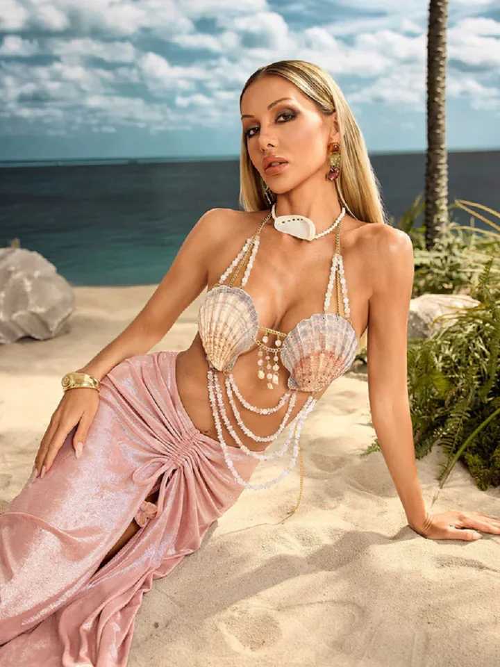 Y2K Adjustable Harness Crop Top Backless Seashell Bikini Top Bra Beach Jewelry Top Mermaid Shell Body Chain Bralette W250611