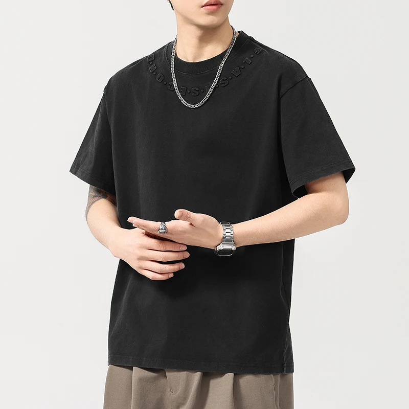 Mens Summer 3D Letter Loose Casual Fashion Washed Cotton Short Sleeve T-shirt Campus T Shirts Tops 250611