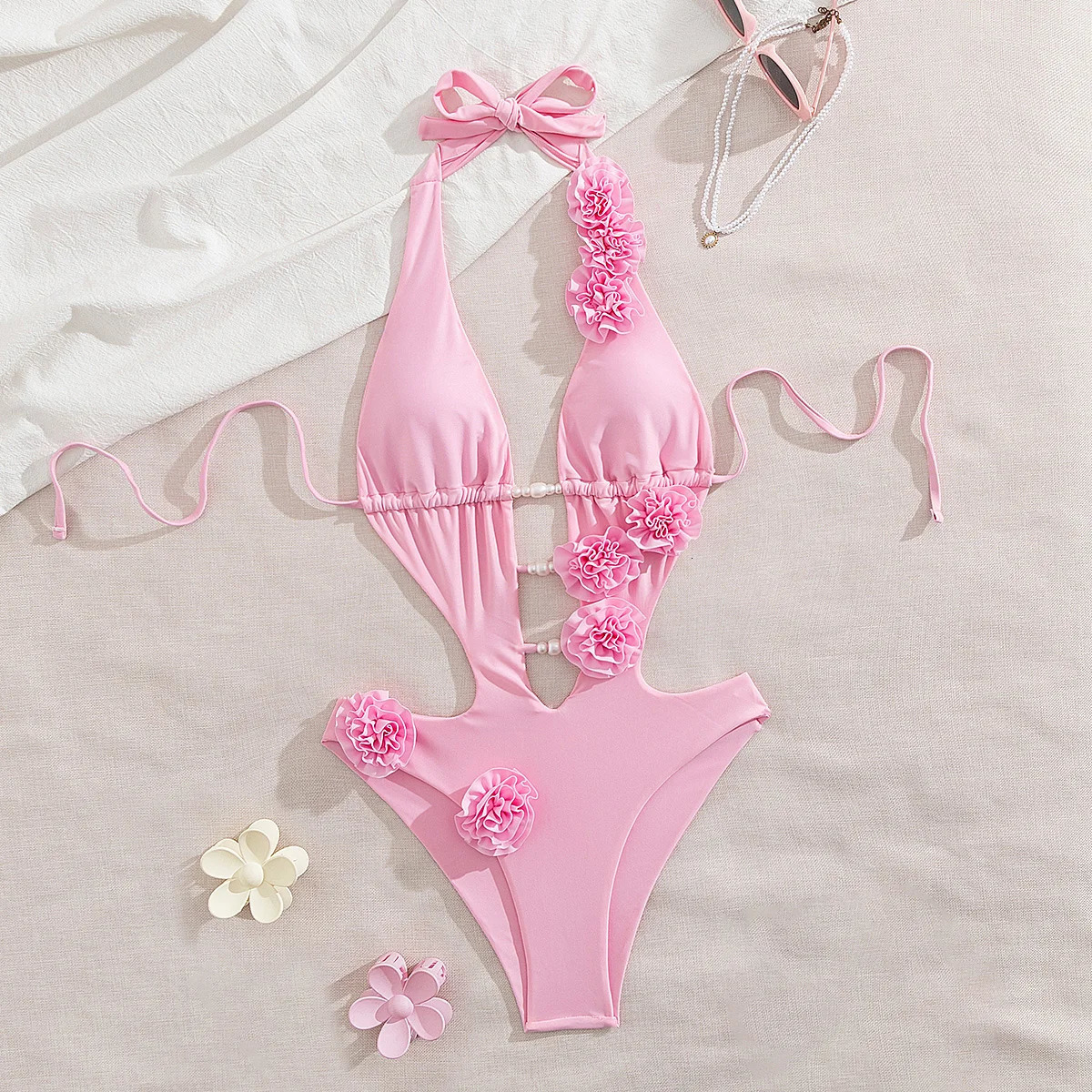 3D Flowers One Piece Swimsuit Women Solid Sexy Hollow Out Swimwear Tropical Summer Beachwear Bathing Suit Bodysuit 250609