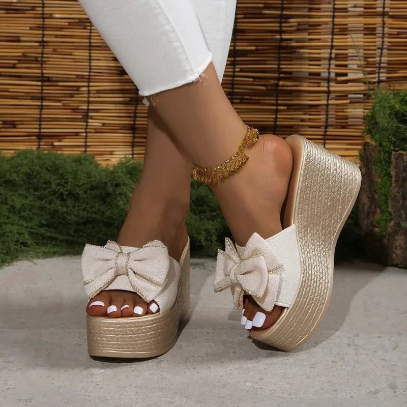 Fashionable high-heeled slippers elegant summer bow casual and comfortable large-sized high-quality wedge heel womens shoes 250609
