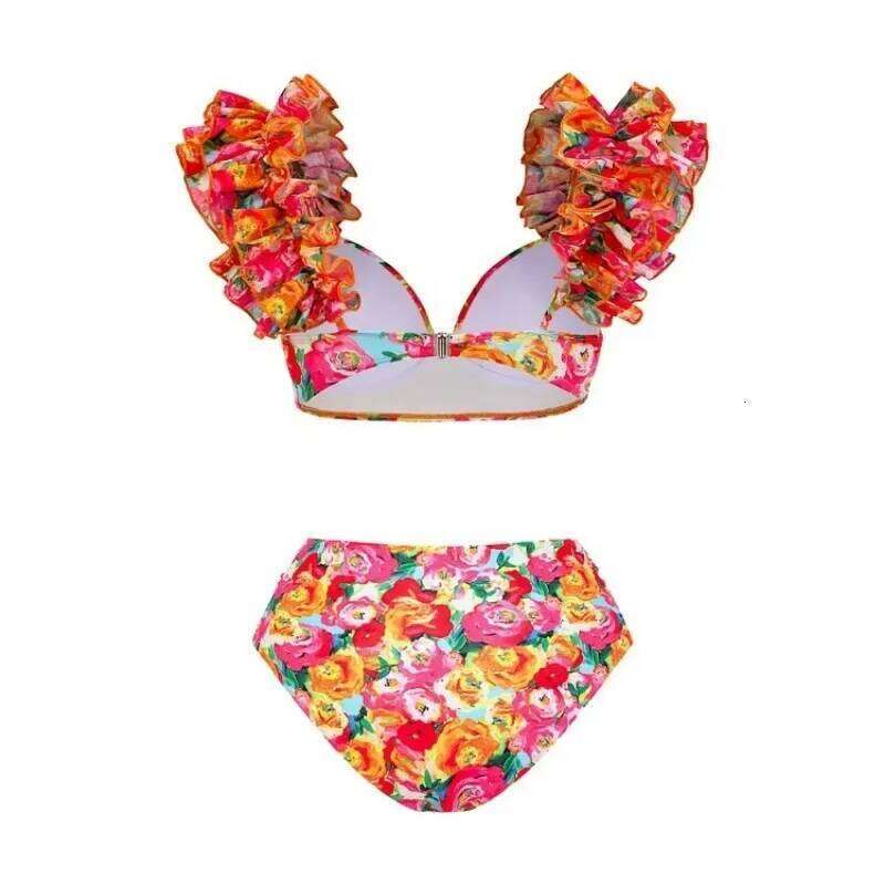 Floral Ruffle Printed Swimsuit for Women, Push Up Bikini Set, Slimming Bathing Suit, Beach Wear, High Quality