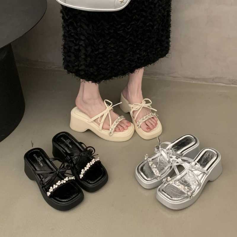 Womens Summer Fi Open-Toe Butterfly-Knot Platform Slippers Casual Thick Bottom Beach Slides for Ladies XJ250610