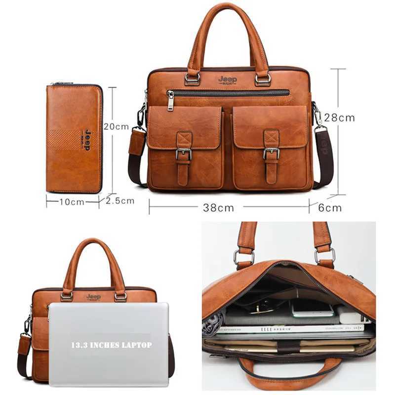 JEEP BULUO Brand Mans Business Briefcase Bag 2pcs/set Split Leather High Quality Mens Office Bags For 13.3 inch Laptop A4 Case W250610