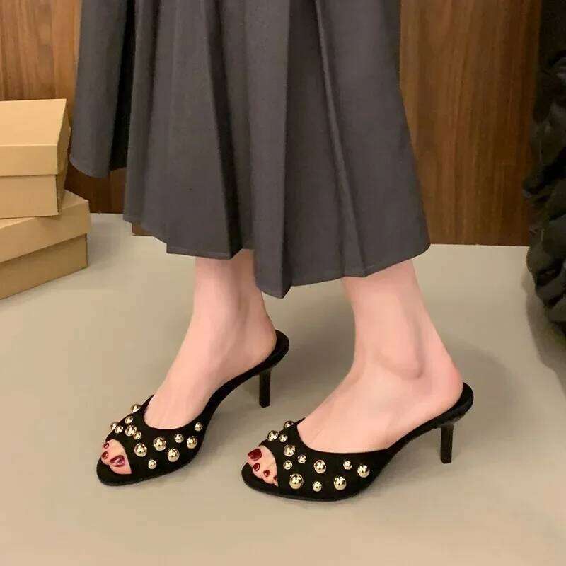 Novelty Thin Heels Peep Sandalias De Crystal Square Toes Slip On Woman Slippers Solid Patent Leather Zapatos Mujer 42