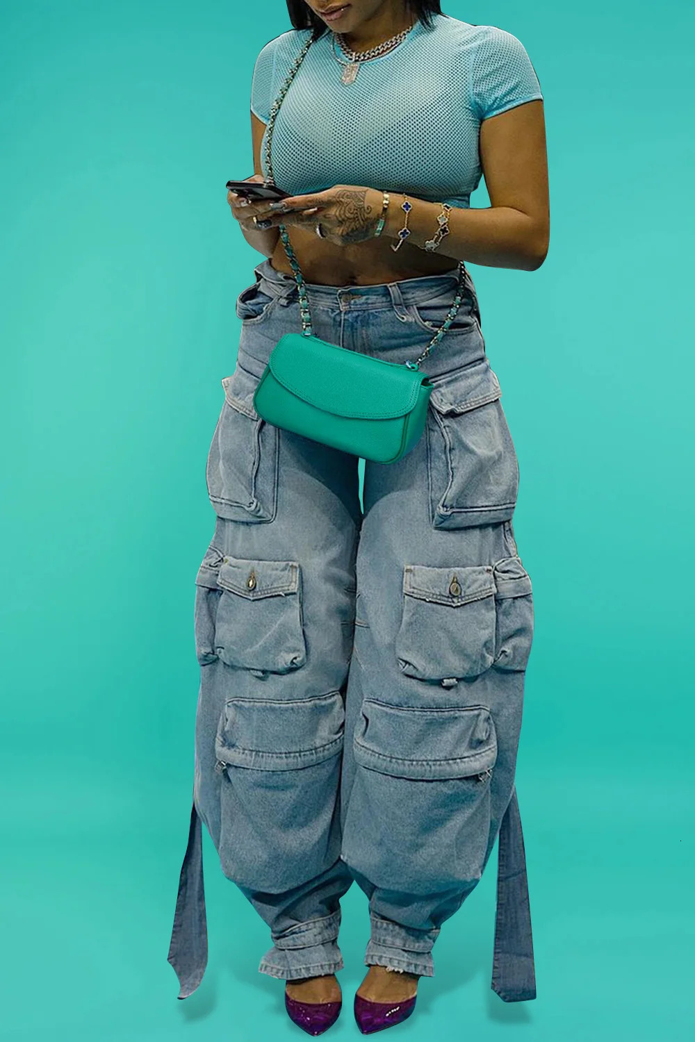 Plus Size Daily Light Blue Spring Summer Pocket Cargo Denim Jeans High Street Harajuku High Waist Casual Loose Denim Trousers 250609