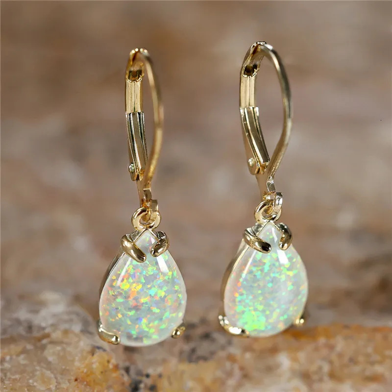 Female White Fire Opal Stone Classic Gold Color Water Drop Earrings Cute Dangle Boho Jewelry For Women 250610