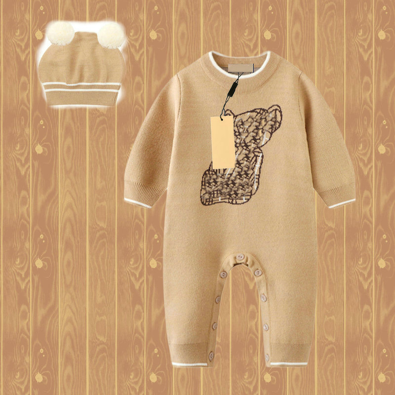 kids designer cotton knitting Romper baby boy girl Autumn Winter Long sleeve crew neck cotton clothes newborn Children sweater one-piece onesies Jumpsuits hat set