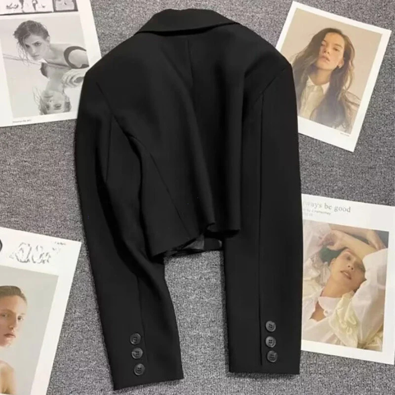Black Cropped Blazers Woman Trend 2025 Allmatch Notched Collar Crop Jacket Women Korean Chic Single Button Suit Coat 250603