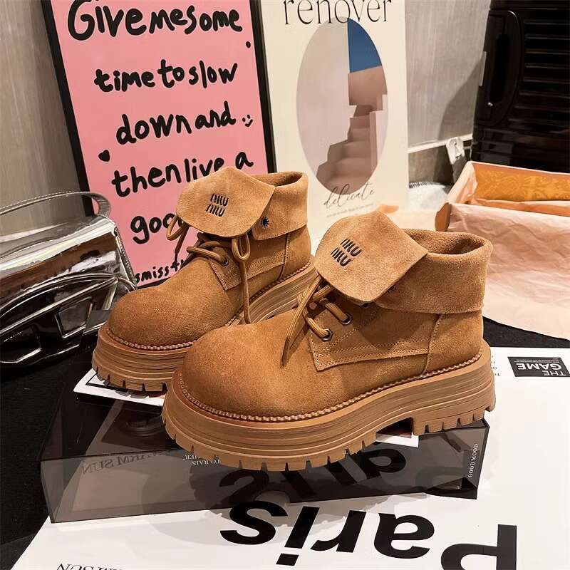 Gravity Shoe Factory Matte Genuine Leather Martin 2024 New Letter Turn-down Collar Motorcycle Yellow Boots Two-way Wear