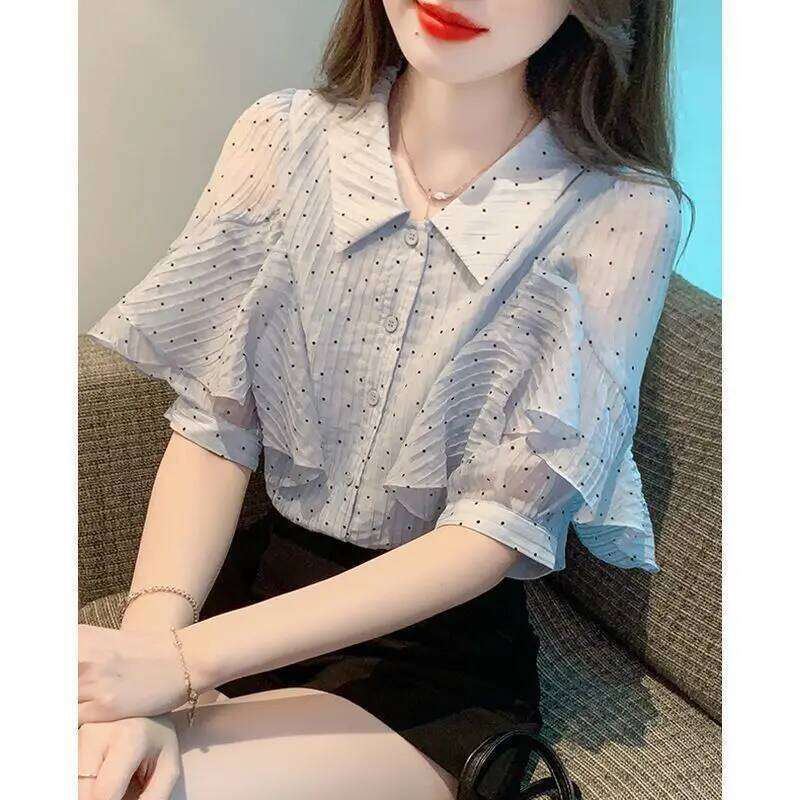 Clothing Summer Korean Fashion Button Polka Dot Chiffon Polo Collar Women Shirts All-match Appear Thin Short Sleeve Top Te