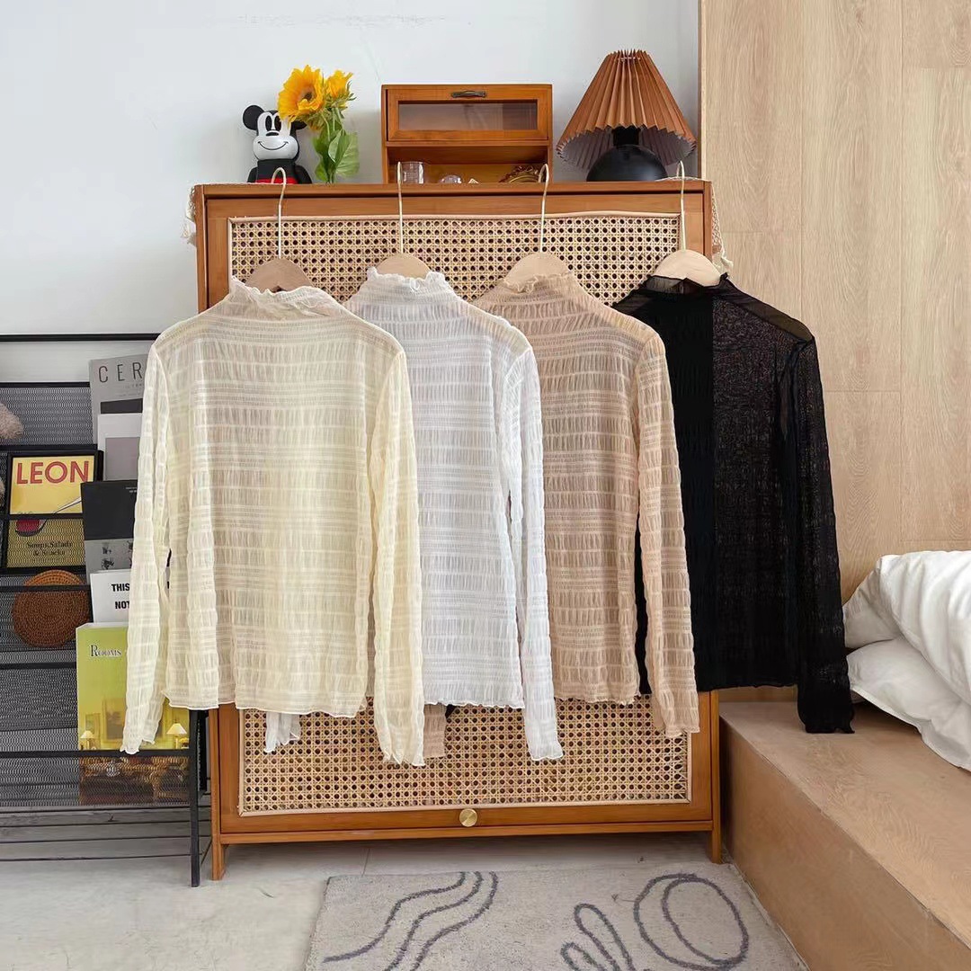 XL80 Autumn and winter new lace bubble shirt for women, fashionable and fairy-like, long-sleeved, half-high collar, mesh bottoming shirt
