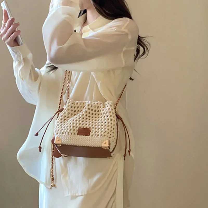 Women Chic Summer Beige Knit Crossbody Bag with Adjustable Strap Single Shoulder Purse Versatile Handbag with Polyester Lining XJ250610