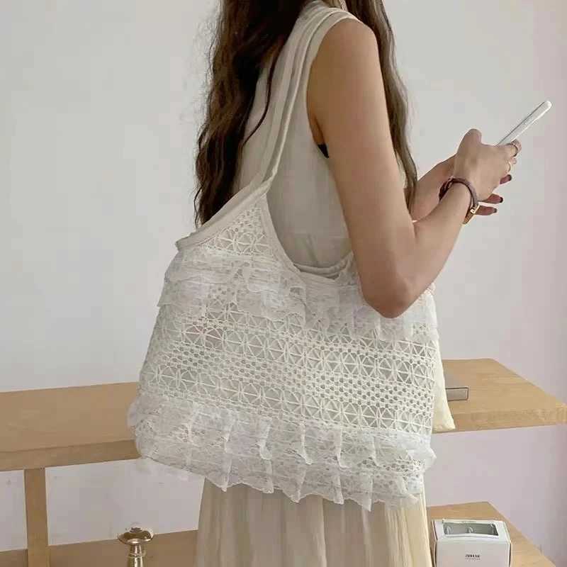Summer Leisure Vacation Backpack Fairy Lace Shoulder Beach Bag Lace Mesh Tote Bag Underarm Shoulder Satchel Capacity Womens Bag XJ250610