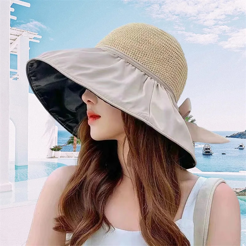 Women s Wide Brim Sun Hat with Bowknot Ribbon Lightweight Foldable UV Protection Bucket Hat for Outdoor Activities 250610