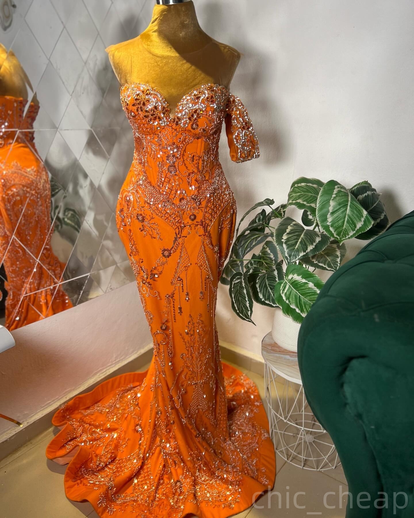 Orange Mermaid Prom Dresses 2025 Beaded Crystals Sequined Sheer Neck Evening Formal Party Second Birthday Engagement Gowns Plus Size Dress For Special