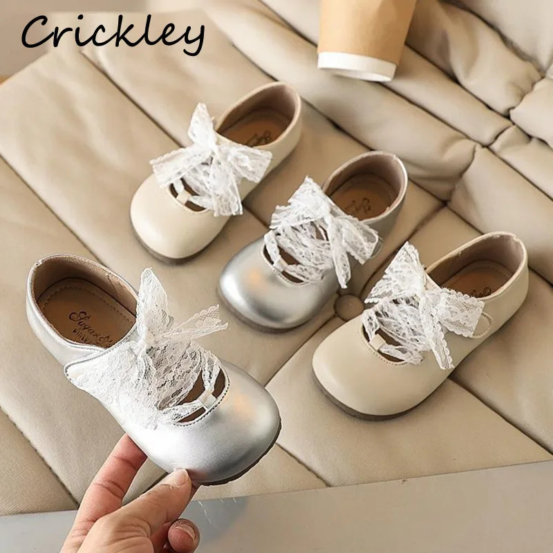 Lace Bow Girls Flats Shoes Spring Autumn Solid PU Leather Children Mary Janes Hook Loop Soft Party Kids Princess Shoes 250611