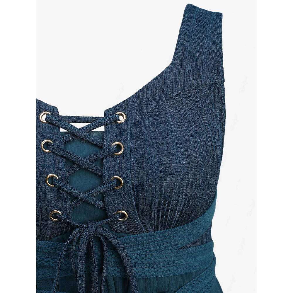 ROSEGALPlus Size Grommets Lace Up Textured Patchwork Ruffles Asymmetrical Dress With Belt