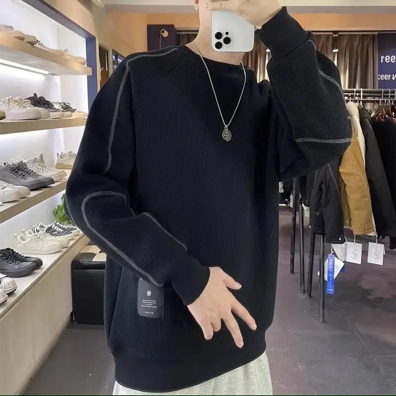 Men Trendy Appliques Simple Casual All Match Sweatshirt Streetwear Y2K Cotton Loose Hoodie Round Neck Long Sleeve Pullover Tops 250611