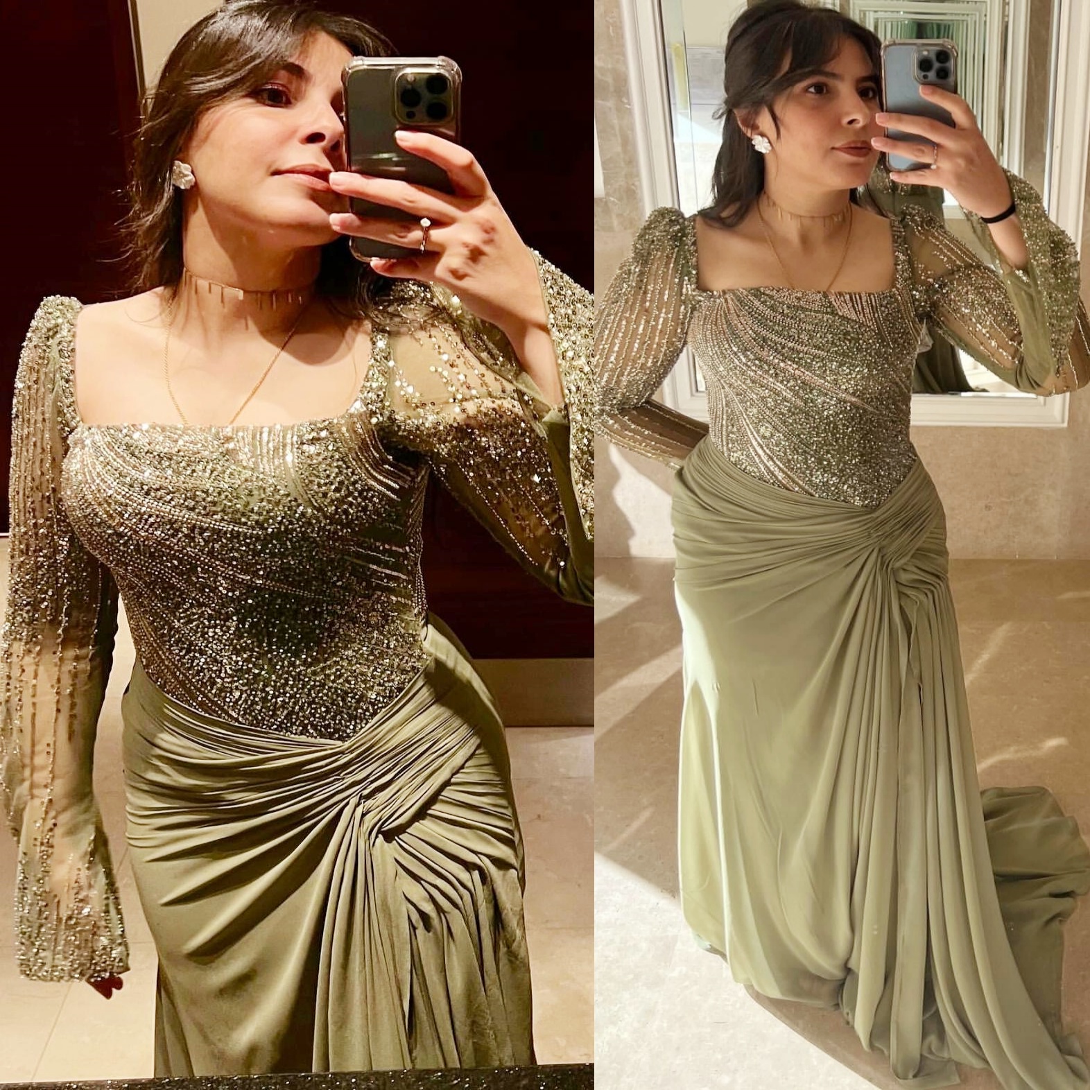 2025 Plus Size Sage Mermaid Mother Of Bride Dresses Sequined Chiffon Full Sleeves Evening Party Mama's Dress Vintage Birthday Wedding Guest Groom