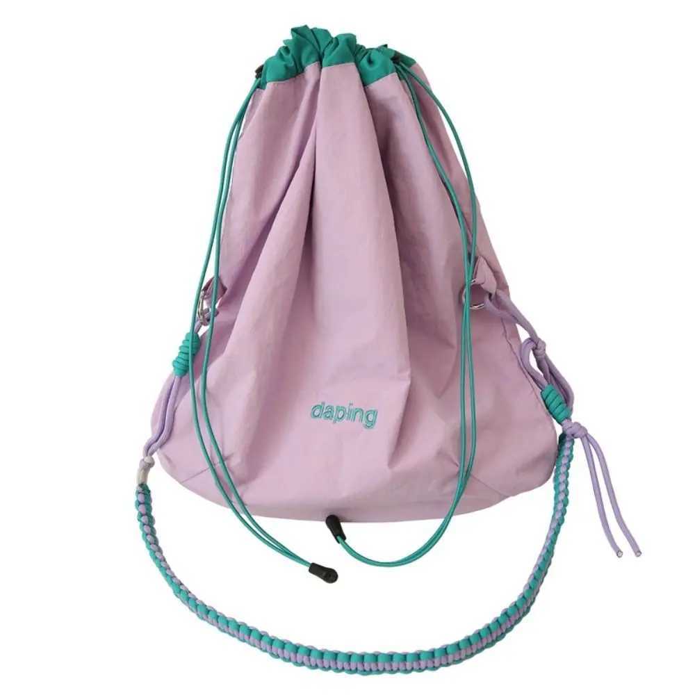 Casual Lightweight Shoulder Bag Contrast Color Letter Crossbody Bag Large Capacity Nylon Drawstring Bag for Girls XJ250610