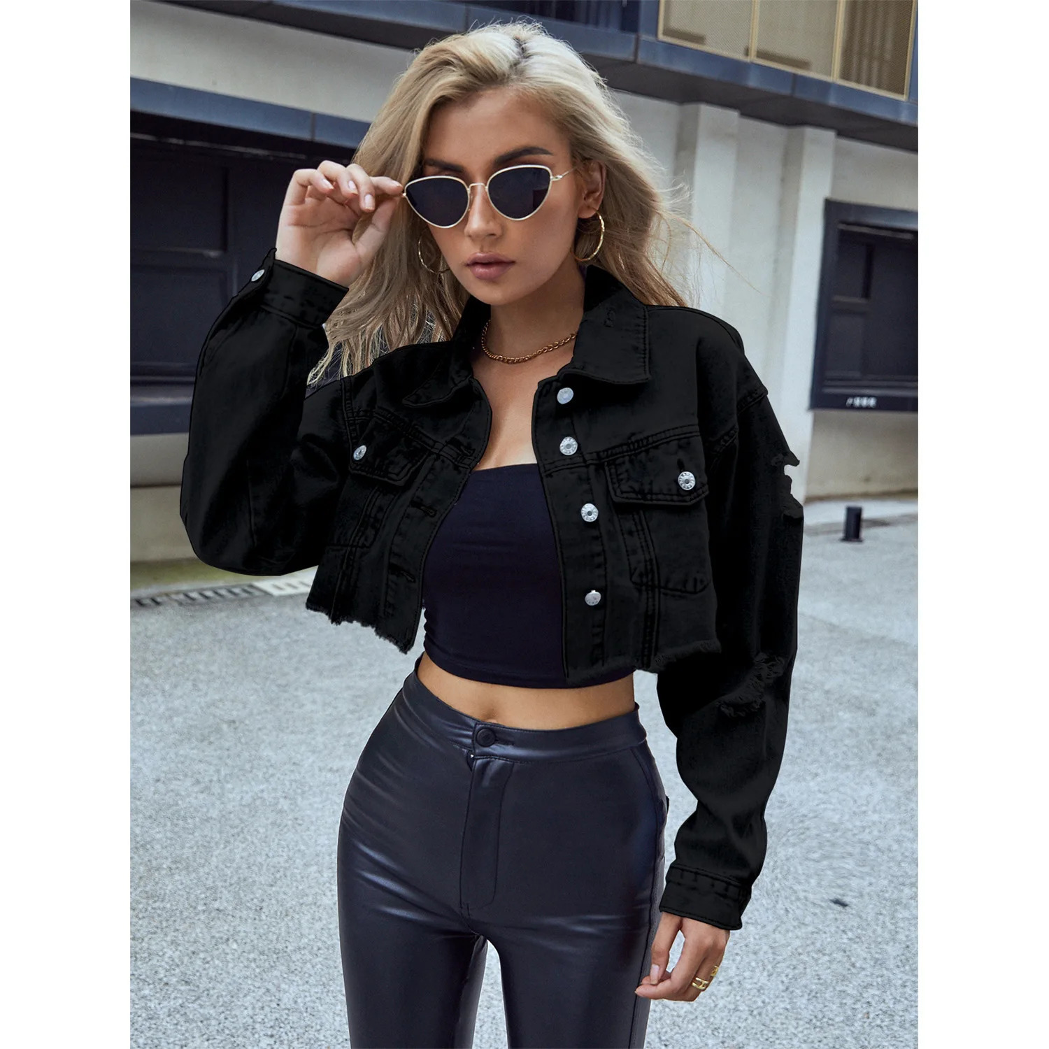 Women Clothing Single Breasted Denim Coat Long Sleeve Turn Down Washed Jackets Loose Fit Cardigan Streetwear Solid Pockets 250609