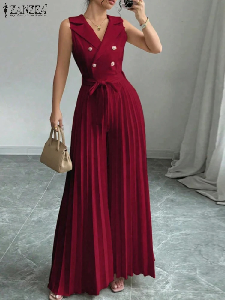 ZANZEA Woman Fashion TieWaist Jumpsuits Elegant Lapel Neck Sleeveless Pleated Wide Leg Pant Overalls Commute Office Long Romper 250609