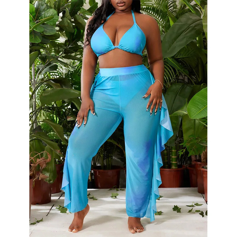 Solid Color Plus Size Split Swimsuit Womens Bikini Three Piece Set Sexy Gathering Pants Casual Y2k 250530