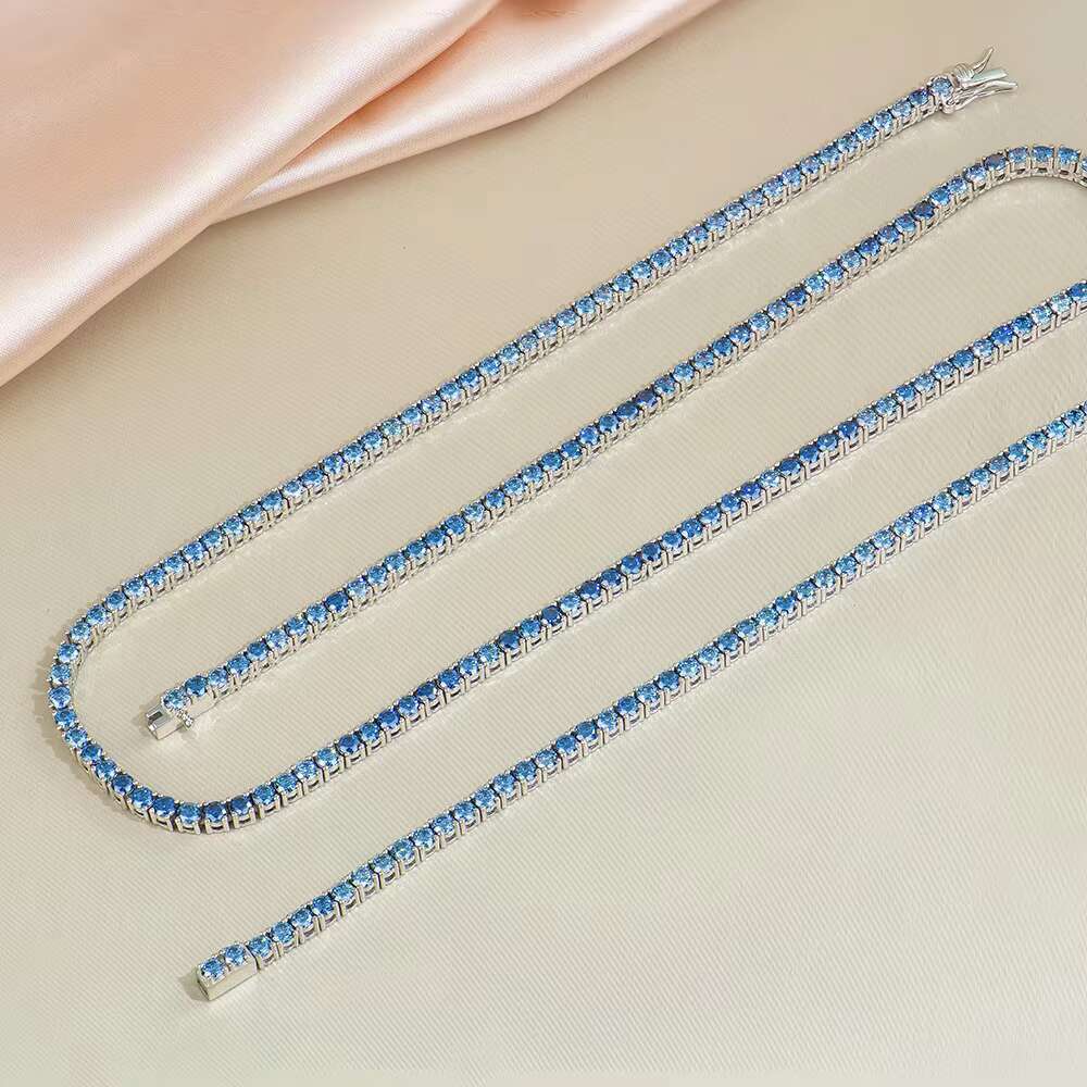 OACOCA Premium Jewelry 925 Silver Necklace Rhodium Plated Round Brilliant Cut Original Royal Blue Color Moissanite Tennis Link Chain