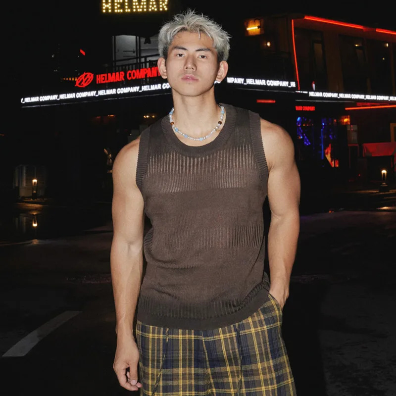 FEWQ Niche Mens Vests Round Collar Tie Dye Worn-out Gradient Color Sleeveless Knitting Casual Male Tank Tops 24K4318 250611