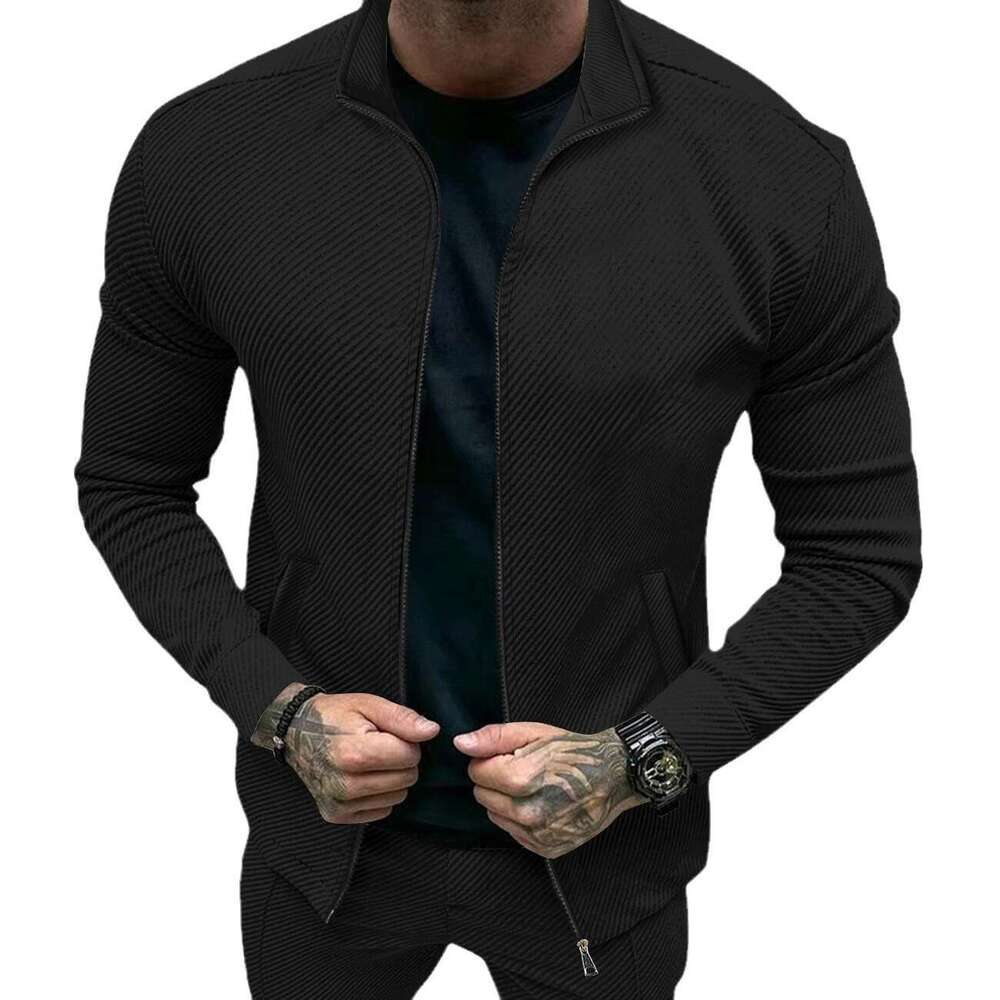 Men's Fashion Autumn Winter New Twill Jacquard Long Sleeve Slim Fit Zipper Jacket Coat B5