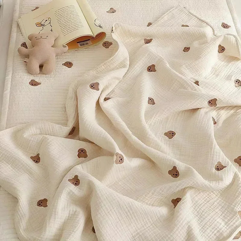 Cotton Muslin blanket born 6 Layer Gauze Stroller Blanket Bear Embroidery Kids Sleeping Blanket Bedding Baby Item 250527