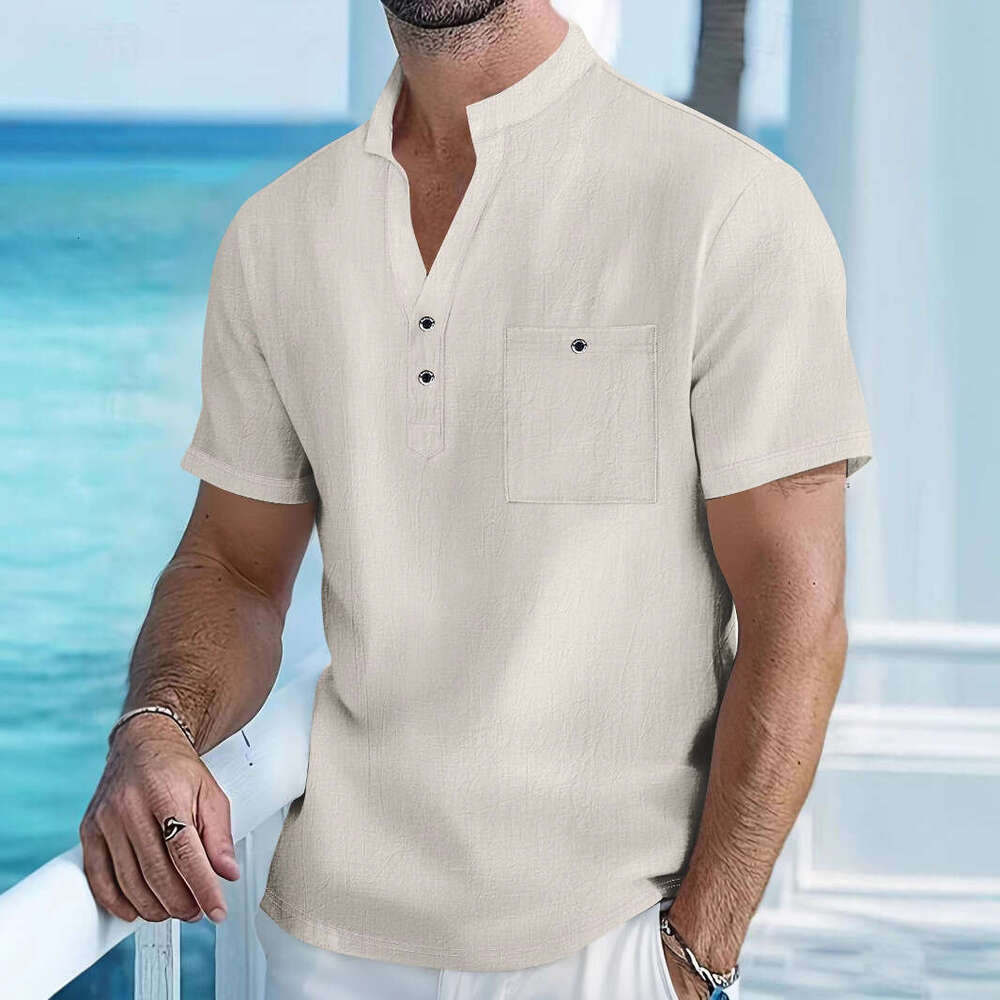New Stand Collar T-Shirt Linen Short Sleeve Shirt Casual Thin Loose Henley Men's Wear B5