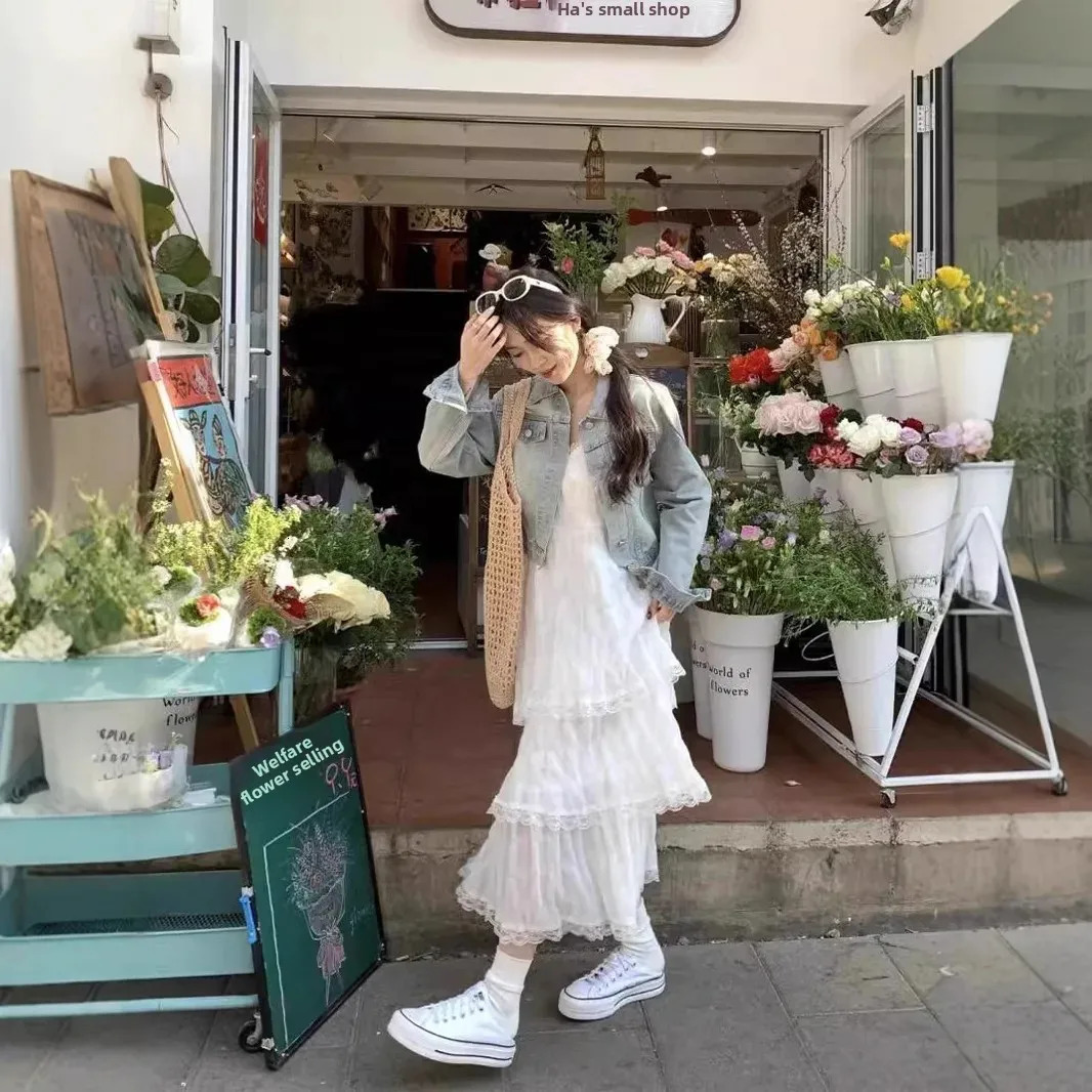 Sweet Youthful White French Strapless Dress Womens Summer Holiday Loose Cake Long Skirt Sleeveless Empire Waist Midi 250611