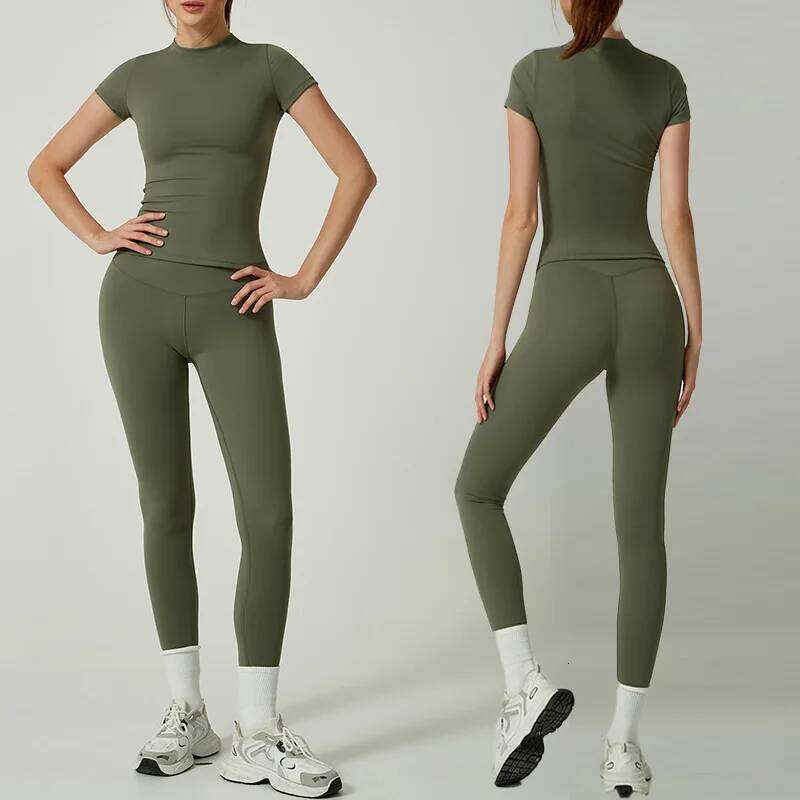 Two Piece Set Short Sleeve/Long Sleeve Fitted Top High-Waisted Leggings Active Yoga Wear Workout Clothes for Women Fiess